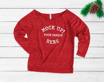 Download Free Next Level 6951, winter mockups, Women's French Terry 3/4 raglan Red mock up, Womens Raglan Sleeve, long sleeve t mockup, winter flatlay PSD Template