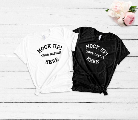 Bella Canvas 3001 White Black Double T-Shirt Mockup Flat