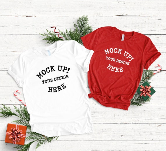 Download Couples Christmas T-Shirt Mockup Bella Canvas 3001 Red ...