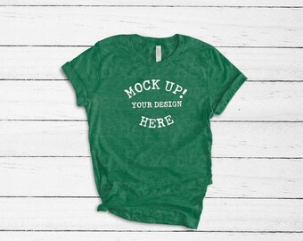 Download Free Bella Canvas 3001 Unisex Heather Grass green flat lay, Knotted tee mockup, mock ups, tee shirt mock-up, Tee Mock Up, wood background, bella PSD Template