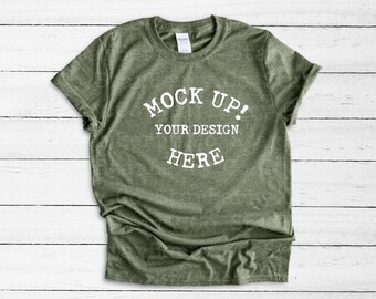 Download Free Gildan 64000 Unisex Heather Military Green t shirt mockup, gildan blank t shirt, men t shirt mockup, shirt mock-up, flat lay mockup, Apparel PSD Template