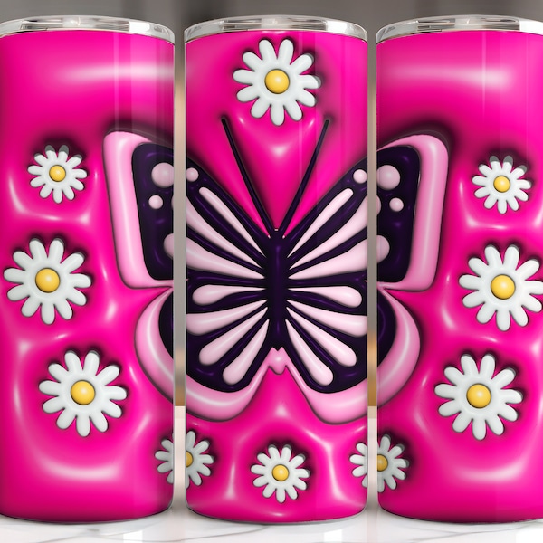 Inflated hot pink butterfly 20oz tumbler, 20 oz Floral Tumbler Wrap Png,3D Tumbler Design Skinny pink Digital Download 3D Sublimation Design