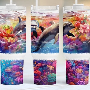 Bunte Delfin 40 Unzen Quencher Wrap, Seelandschaft 40 Unzen Becher png, Meer Urlaub 40 Unzen, Nahtlose PNG Becher Design, Sublimation Designs