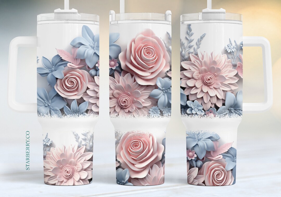 Blush Floral 3D 40oz Quencher Tumbler Wrap, Seamless PNG Tumbler Design ...
