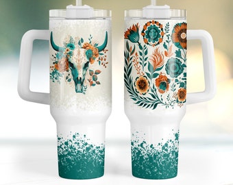 Boho teal Floral 40oz Quencher Tumbler Wrap, western scull tumbler png, Seamless PNG Tumbler Design, Sublimation Designs Downloads, rodeo