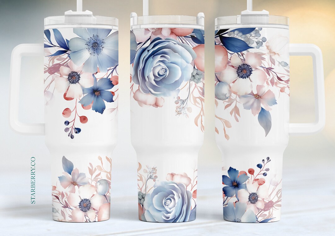 Powder Blue Blush Roses Berries 40oz Quencher Tumbler Wrap, Seamless ...