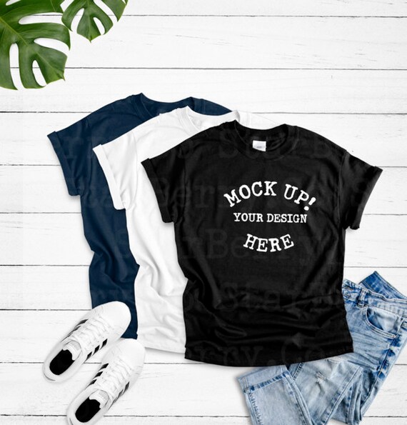Gildan 64000 Unisex Navy Black And White T Shirt Mockup Etsy
