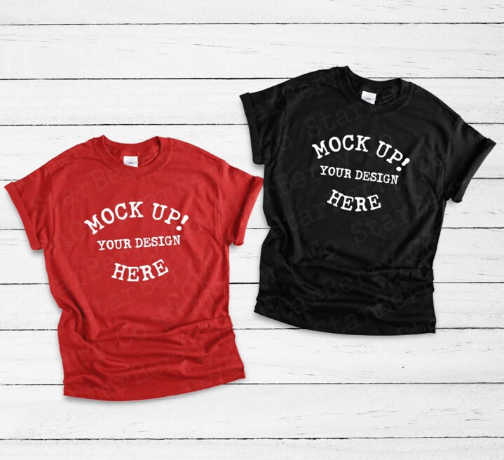 Download Gildan 64000 Plain T Shirt Mock Up Red And Black Couples T Etsy