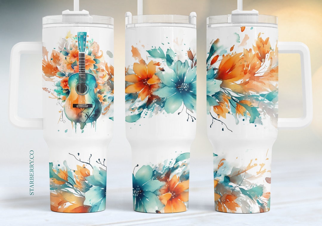 Boho Teal Floral Guitar 40oz Quencher Tumbler Wrap, Western Tumbler Png ...