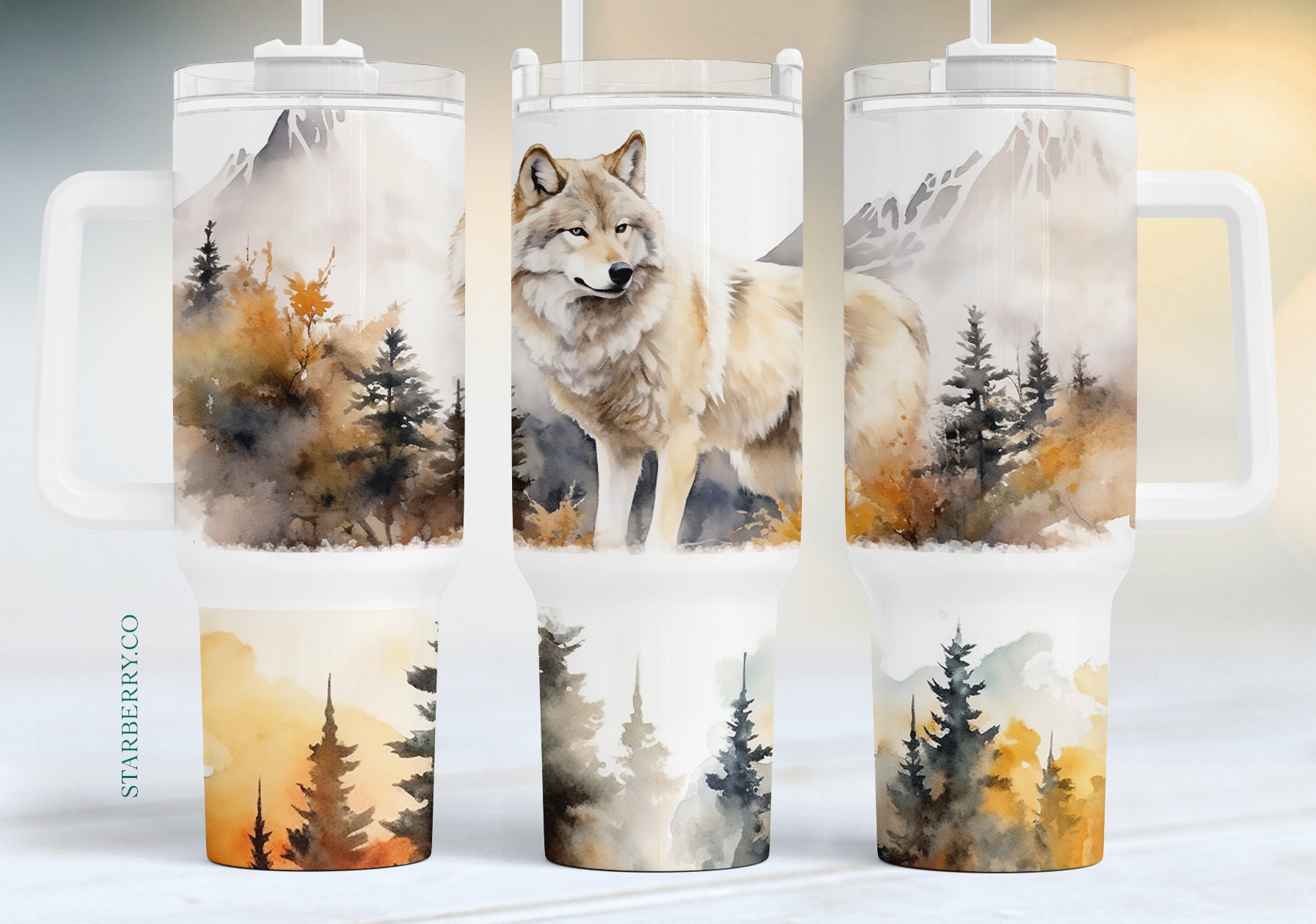 White wolf in the woods 40oz Quencher Tumbler Wrap, wildlife 40 oz Sublimation Design, Seamless 40oz Tumbler Wrap,Sublimation Downloads PNG