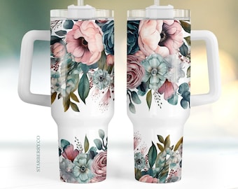 Blush floral berries 40oz Quencher Tumbler Wrap, Seamless PNG Tumbler Design Sublimation Designs Downloads, turquoise tumbler PNG