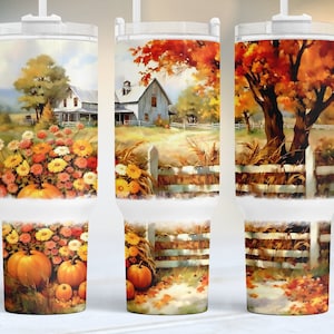 Casa de campo de cosecha de otoño, envoltura de vaso Quencher de otoño de 40 oz, diseño de vaso PNG sin costuras de 40 oz, descargas de diseños de sublimación, calabazas png