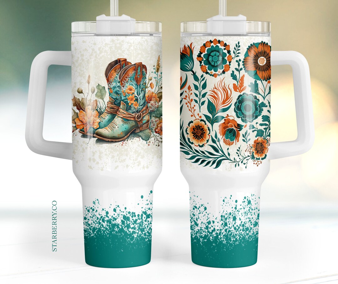 Boho Teal Floral 40oz Quencher Tumbler Wrap, Cowboy Boots Tumbler Png ...