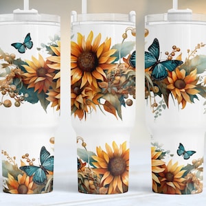Sonnenblumen petrol Schmetterlinge 40 Unzen Quencher Tumbler Wrap, westlicher Becher png, nahtloses PNG-Becher-Design, Sublimationsdesigns Downloads