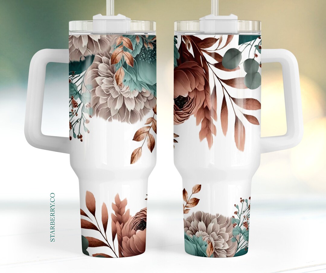 Boho Eucalyptus Teal Floral 40oz Quencher Tumbler Wrap, Seamless PNG ...