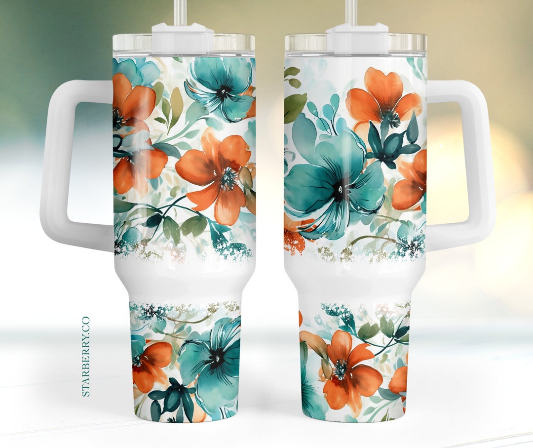 Boho Teal Floral 40oz Quencher Tumbler Wrap, Western Tumbler Png ...