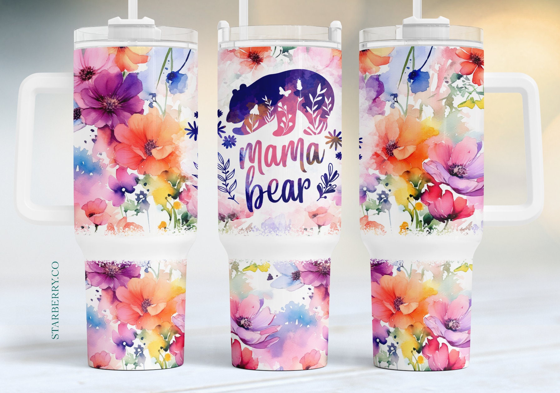 Bright floral mama bear 40oz Quencher Tumbler Wrap,mothers Boho floral pink 40 oz png, Seamless PNG Tumbler Design, Sublimation 40oz