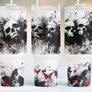 Gothic dark skull 40oz Quencher Tumbler Wrap,halloween tumbler png,PNG Tumbler Design, Sublimation Designs Downloads,butterflies skull png