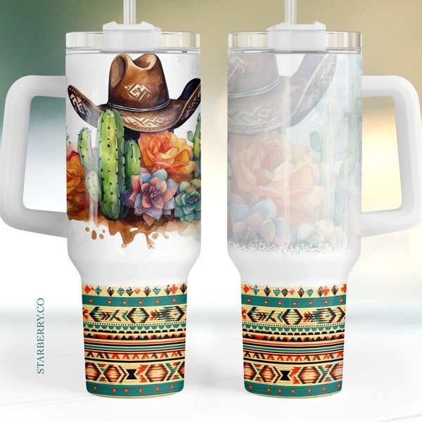 Country music aztec 40oz Quencher Tumbler Wrap, cow girl hat tumbler png, cactus Seamless PNG Tumbler Design, Sublimation Designs Downloads