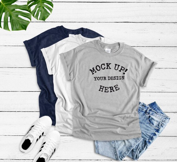 Download Gildan 6400 White Navy Light Grey Unisex T Shirt Mock Up Etsy
