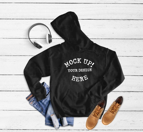 Download Gildan 18500 Adult Hooded Sweatshirt Blackblank Hoodie Flat Etsy