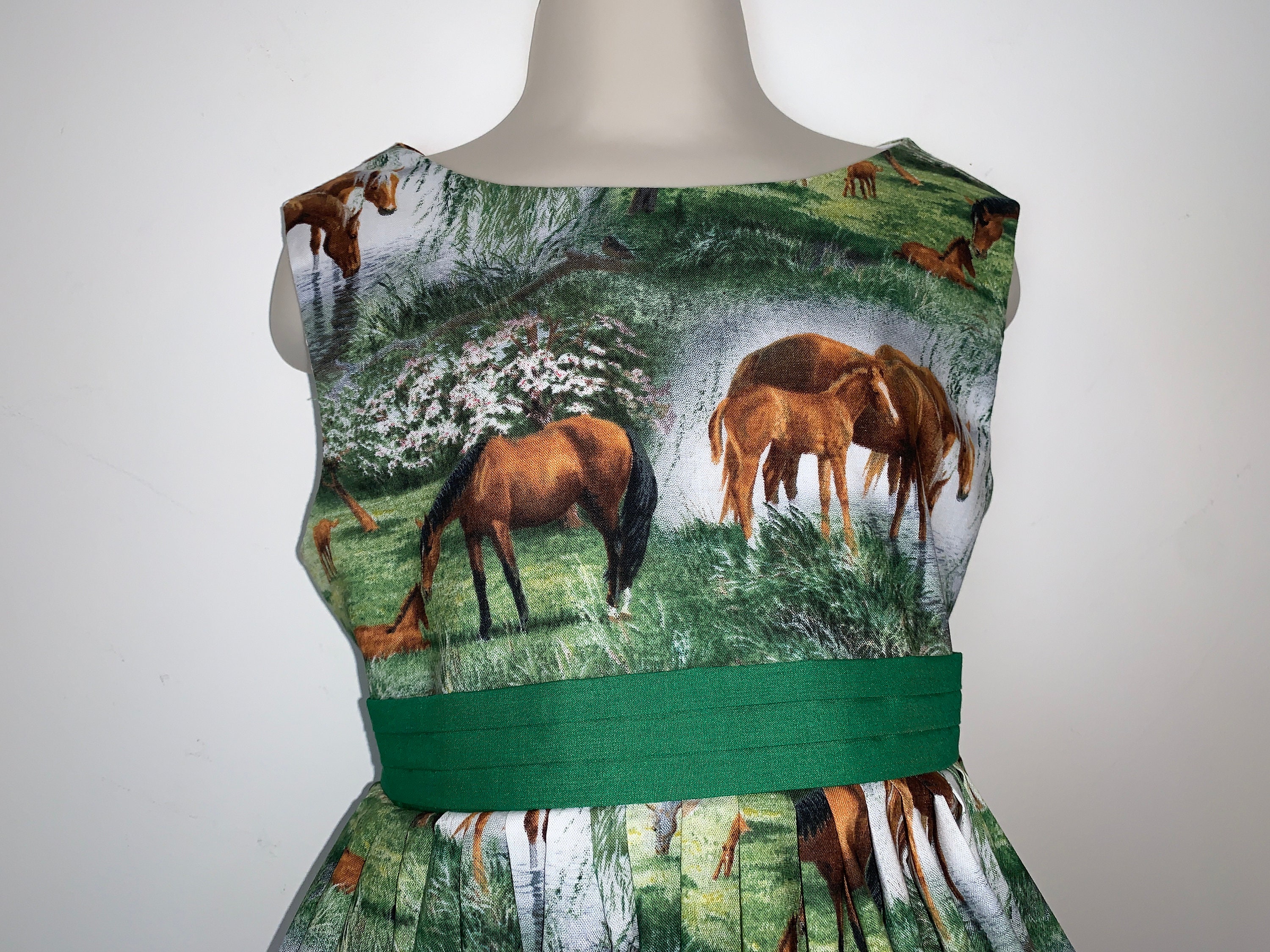 NEW Handmade Elegant Horses on Meadow Green Dress Custom Size Last