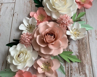 Blush and pink paper flowers wall decor for nursery , paper flower  nursery wall decor , nursery boho woodland inspired, paper flower roses