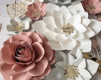 Dusty rose,white,and grey set of flowers with gold accents, baby nursery wall decor, baby backdrop, paper flowers nursery decor
