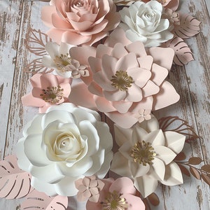 Beautiful blush and off white set, rose gold accents and leaves paper flowers wall decor, paper flower wall backdrop