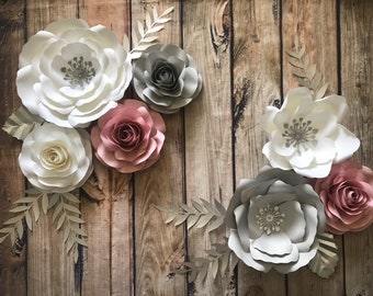Grey and blush medium set of paper flowers, nursery decor, babyshower decor. Paper flowers wall decor ,