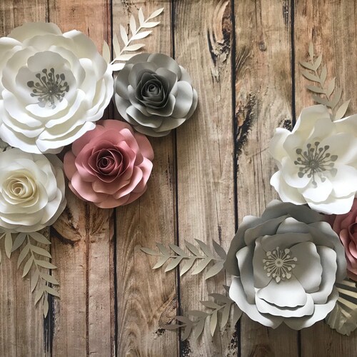 Paper Flowers Wall Decor Blush White and Grey Paper Flowers Etsy