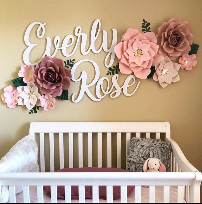 Paper Flowers nursery wall decor|mauve and dusty rose | Paper Flowers Wall Decor| blushpaper flowers for nursery |Wood name NOT INCLUDED