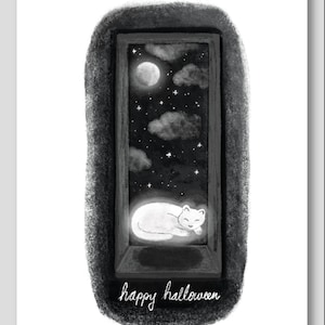 Carte d’Halloween / Carte fantôme mignonne / Carte effrayante / Carte chat fantôme / Carte drôle / Carte de vœux sombre