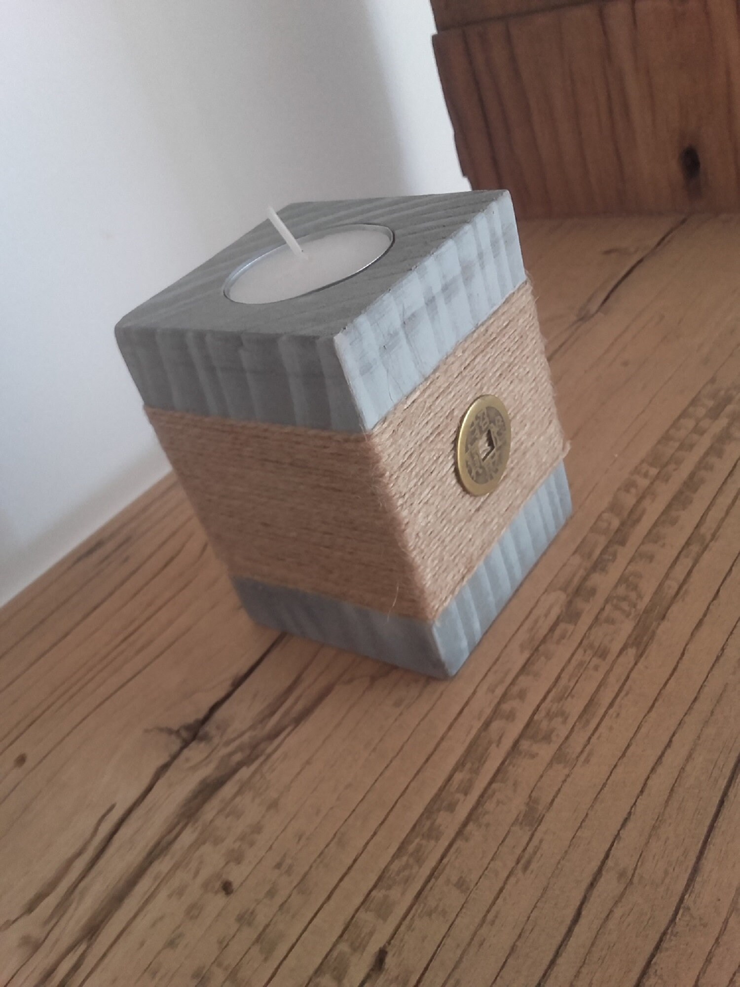 Lot de 2 Bougeoirs Bois Création Agrémenté d'une Pièce Chinoise, Deco Noel, Photophore Bois