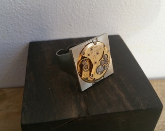 Chevalière Homme  avec mécanisme de montre, cadeau noel, steampunk, cadeau homme