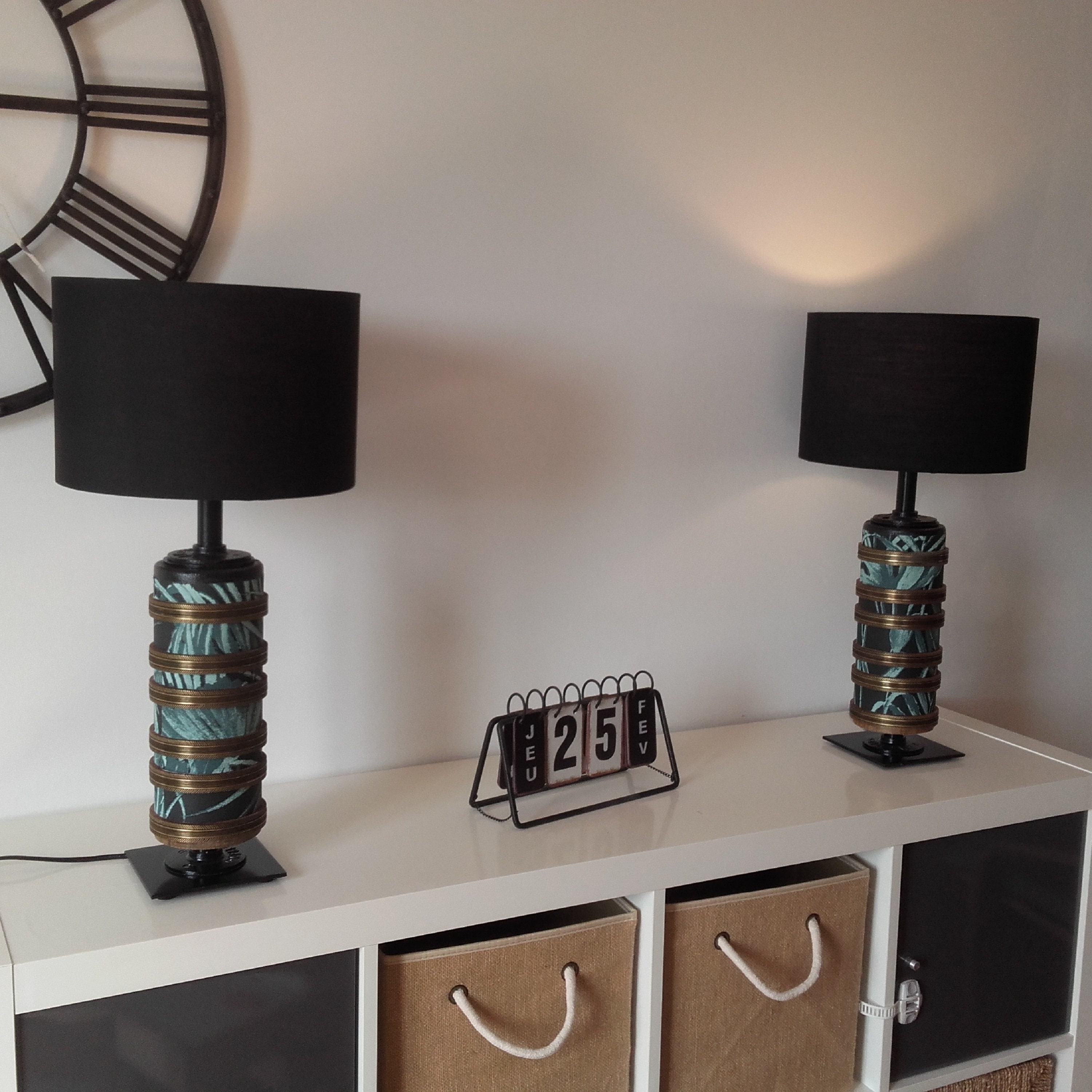 Paire de Lampes Chevet Rouleau d'impression Tissu Vintage, Cadeau Noel, Deco Maison, Luminaire Bois