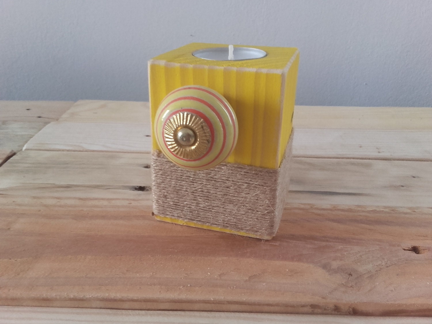 Bougeoir Bois Création avec Bouton en Porcelaine, Photophore, Cadeau Noel Petit Prix