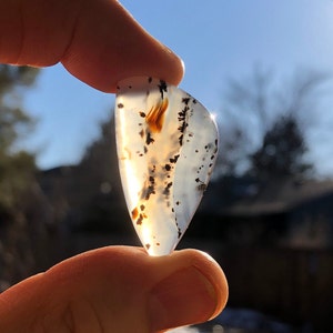 Montana agate designer cabochon, hand cut and polished chalcedony gemstone with brown and black inclusions, natural, jewelry focal stone
