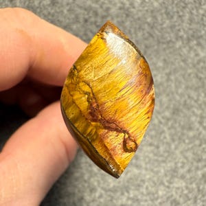 Puede incluir: Una piedra preciosa pulida en forma de l&aacute;grima, de color amarillo dorado y con intrincadas vetas marrones. La piedra se sostiene en una mano, mostrando sus patrones y texturas naturales. La superficie de la piedra preciosa refleja la luz.