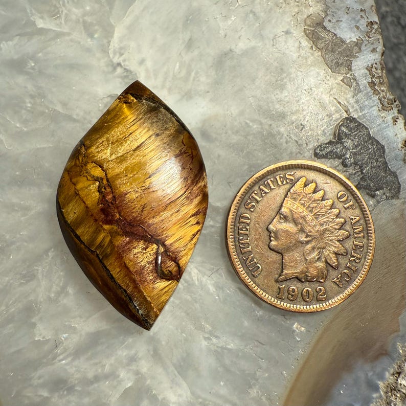 Puede incluir: Una gema pulida en forma de l&aacute;grima con un patr&oacute;n de ojo de tigre en tonos dorados y marrones. Junto a ella, una moneda Indian Head de 1902. La gema se encuentra sobre una superficie clara y texturizada.
