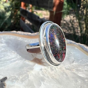 Andamooka opal sterling silver ring, handmade gemstone ring, Australian opal doublet in sterling and fine silver, hand cut and polished opal