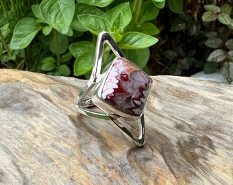 Forest fire plume agate sterling silver size 7 gemstone ring, red plume agate statement ring, Idaho gemstone ring, sterling silver gem ring