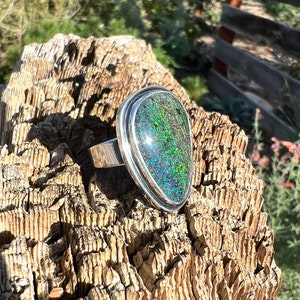 Andamooka opal sterling silver ring, handmade gemstone ring, Australian opal doublet in sterling and fine silver, hand cut and polished opal