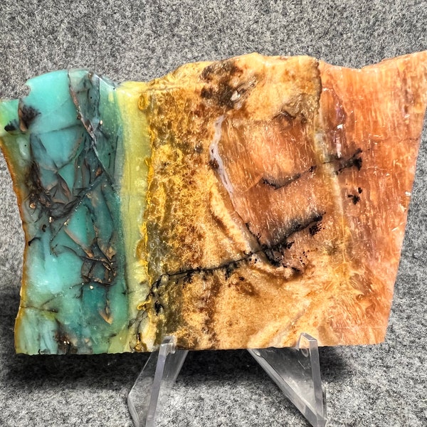 Blue opal wood slab, rough lapidary slice, stone specimen, aqua stone with copper, gemstone display slab, Indonesian gemstone sample