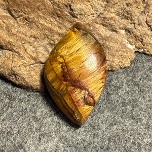 Puede incluir: Una piedra preciosa de ojo de tigre pulida en forma de l&aacute;grima. La piedra muestra una rica mezcla de tonos marr&oacute;n dorado con patrones naturales. La piedra preciosa se encuentra sobre un fondo texturizado y neutro.