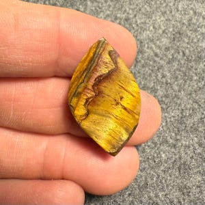 Puede incluir: Una gema pulida en forma de l&aacute;grima con un llamativo patr&oacute;n de tonos amarillo dorado, marr&oacute;n y negro. La superficie de la piedra muestra una veta natural &uacute;nica, creando una textura visualmente atractiva. La gema se sostiene en una mano.