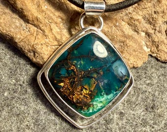 Blue Opalized Petrified Wood Sterling Silver Pendant, Rare Opal Handmade Gemstone Necklace