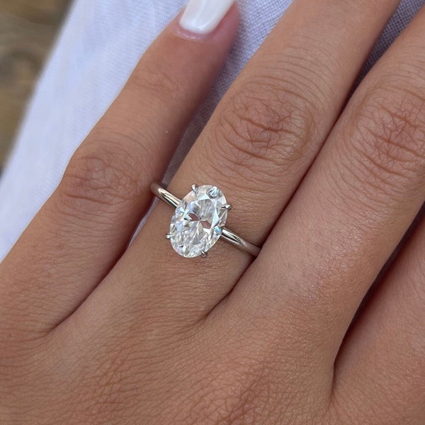 Owalny pierścionek zaręczynowy z diamentem hodowanym w laboratorium, pierścionek z pojedynczym diamentem o niskim profilu, ręcznie robiona biżuteria, minimalistyczny pierścionek z litego złota, certyfikat IGI