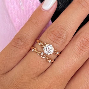 1 CT Dainty Twig Engagement Ring Set, Moissanite Gold Wedding Ring Set, Nature Ring Set, 14k Gold