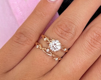 1 CT Dainty Twig Engagement Ring Set, Moissanite Gold Wedding Ring Set, Nature Ring Set, 14k Gold